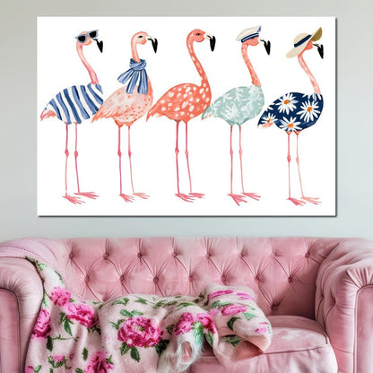 Five Stylish Flamingos on Summer Vacation Canvas Wall Art