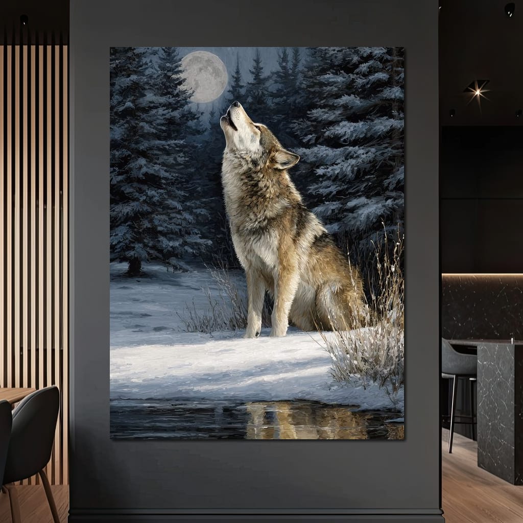 Moonlit Wolf Winter Howl Night Canvas Wall Art