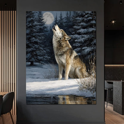 Moonlit Wolf Winter Howl Night Canvas Wall Art