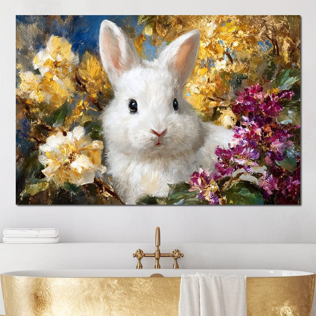 White Bunny Garden Bouquet Canvas Wall Art