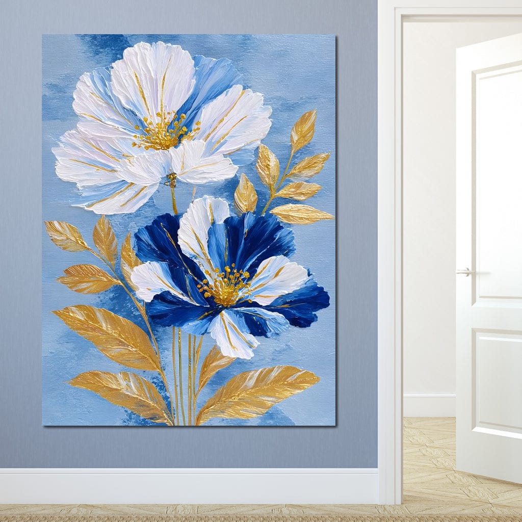 Blue White Peony Gold Leaf Canvas Wall Art