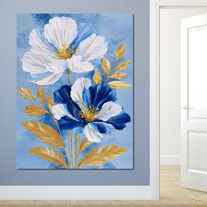 Blue White Peony Gold Leaf Canvas Wall Art