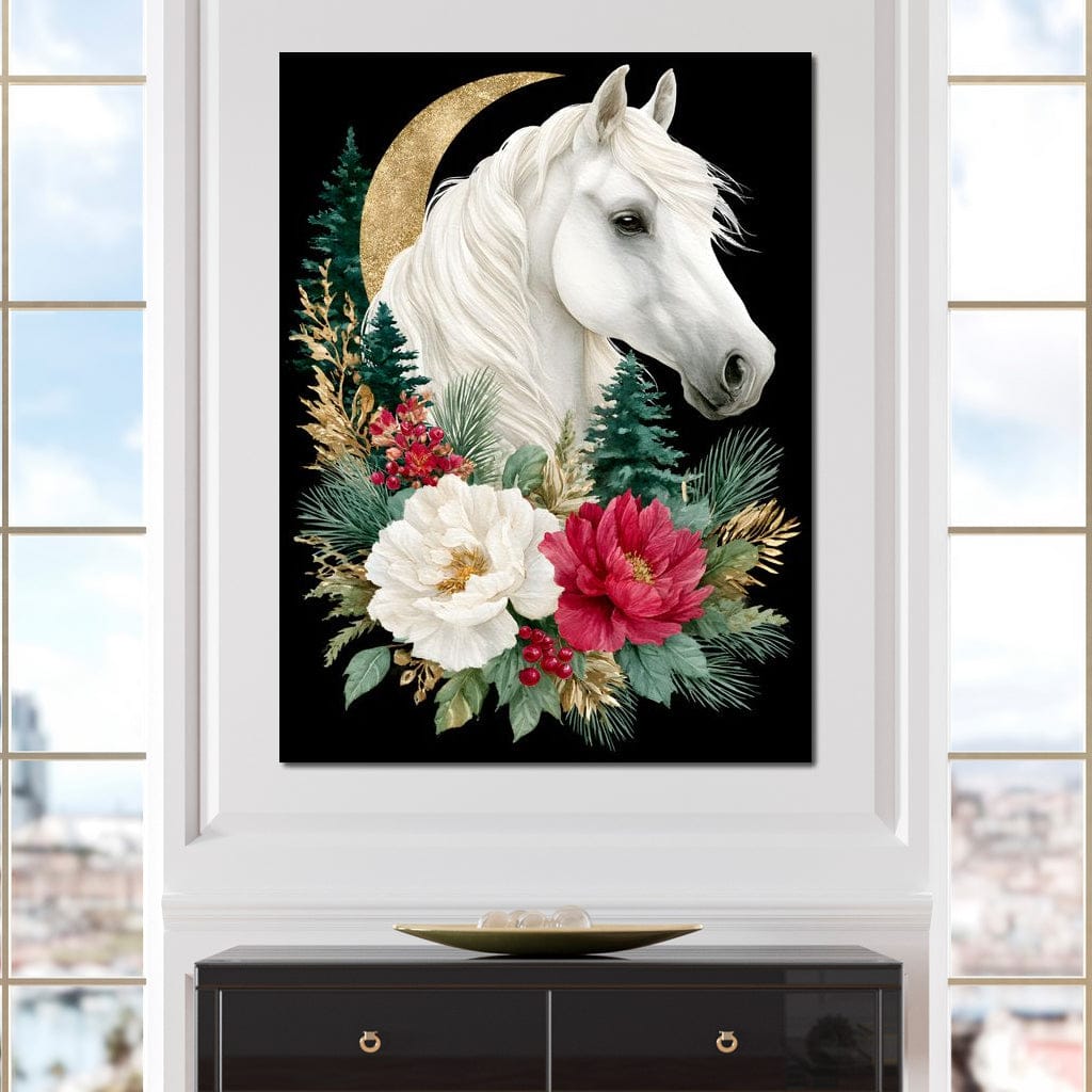 Moonlit Floral Gold White Horse Canvas Wall Art