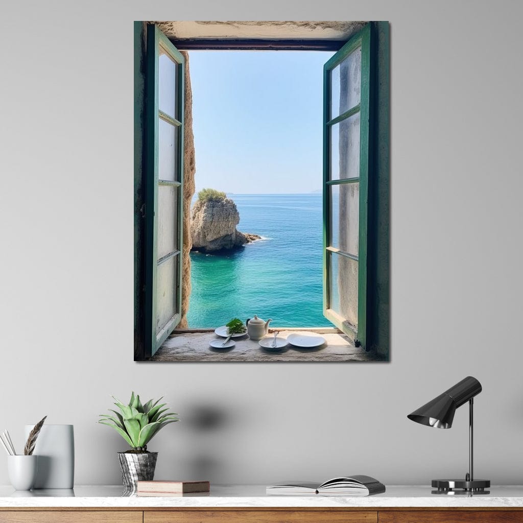 Oceanic Vista Through Wooden Pane Canvas Wall Art