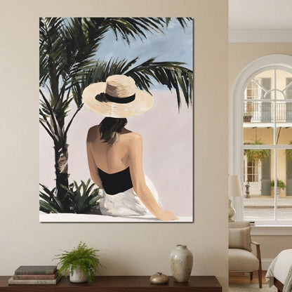 Coastal Palm Retreat Woman Hat Canvas Wall Art