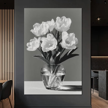 Monochrome Tulips Glass Vase Canvas Wall Art