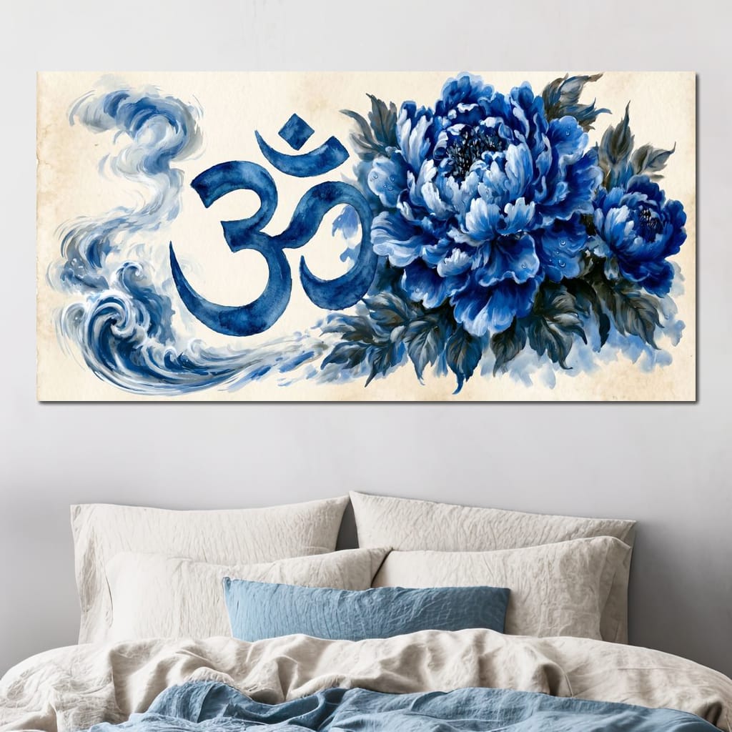 Om Blue Peony Meditation Mood Canvas Wall Art