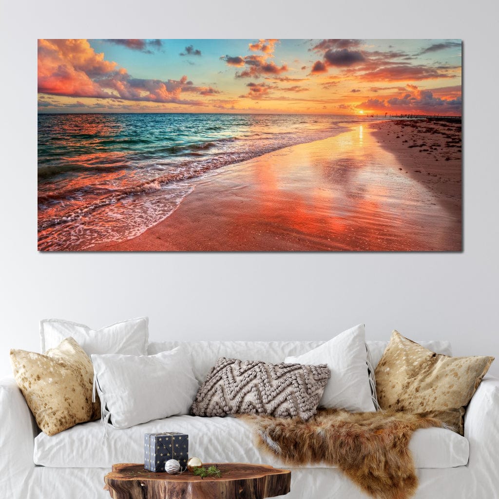 Sunset Over an Ocean Beach Shore Canvas Wall Art