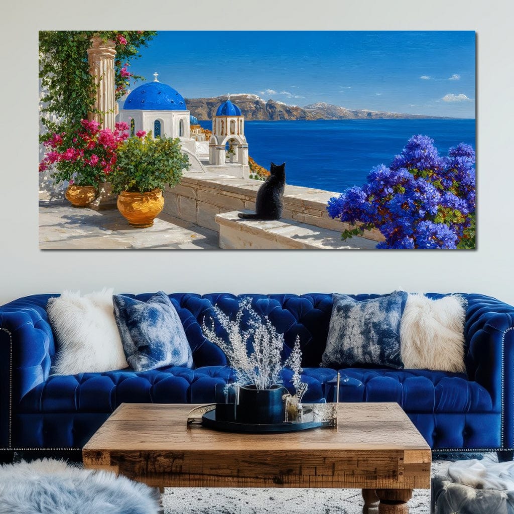 Santorini Blue Domes Cat Escape Canvas Wall Art