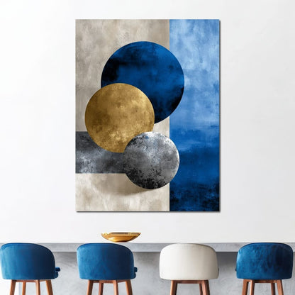 Modern Geometric Blue Gold Orbit Canvas Wall Art