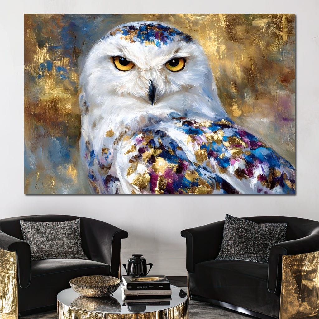 Golden Snow Owl Portrait Canvas Wall Art