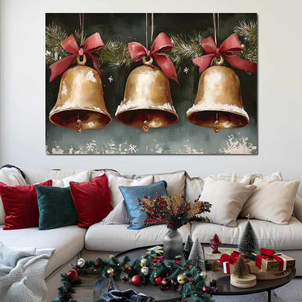 Snow Kissed Golden Holiday Bells Canvas Wall Art