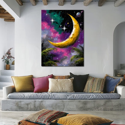 Golden Crescent Cosmic Nightscape Canvas Wall Art