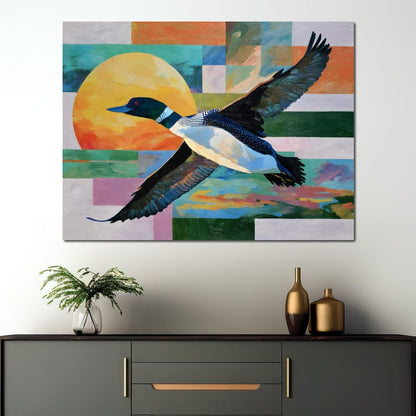 Flying Loon Over Golden Sun Canvas Wall Art