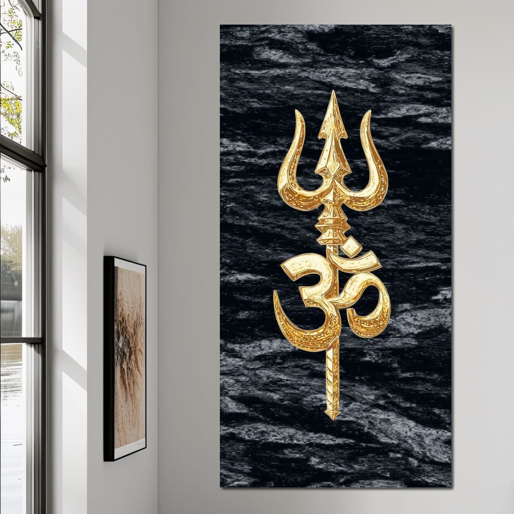 Golden Om Trishul Emblem Canvas Wall Art
