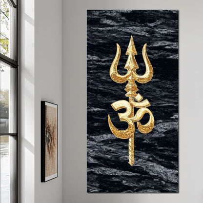 Golden Om Trishul Emblem Canvas Wall Art