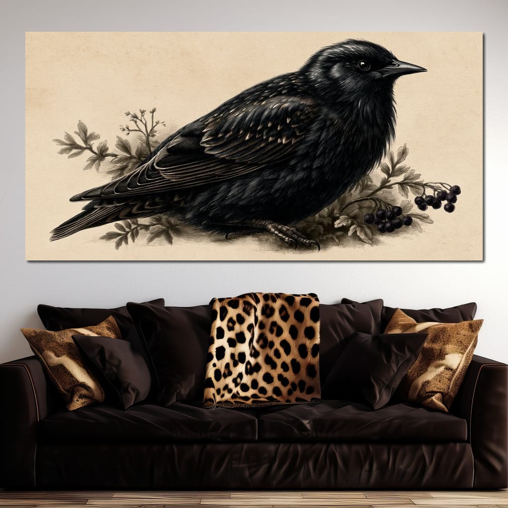 Solitary Starling Perched Upon Wild Berries Canvas Wall Art