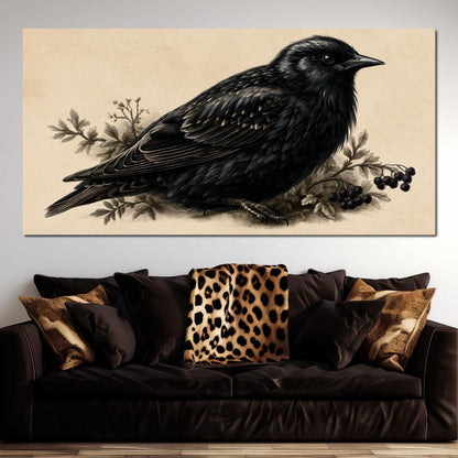 Solitary Starling Perched Upon Wild Berries Canvas Wall Art