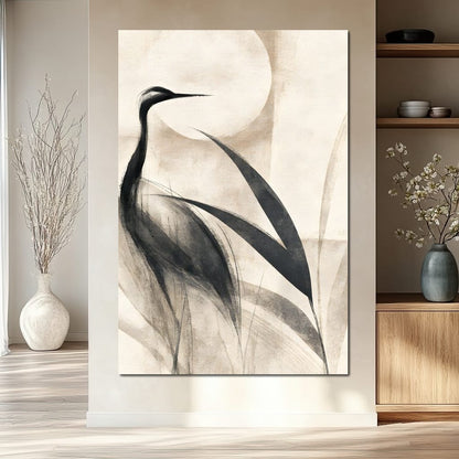 Lone Crane Watching The Pale Disc Canvas Wall Art