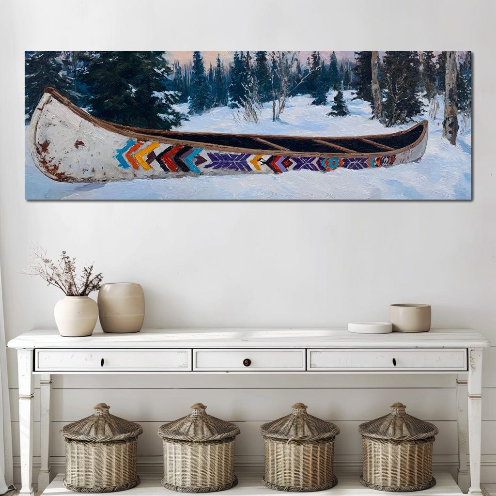 Painted Canoe Among Winter Pines Canvas Wall Art