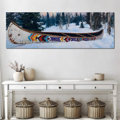 Painted Canoe Among Winter Pines Canvas Wall Art