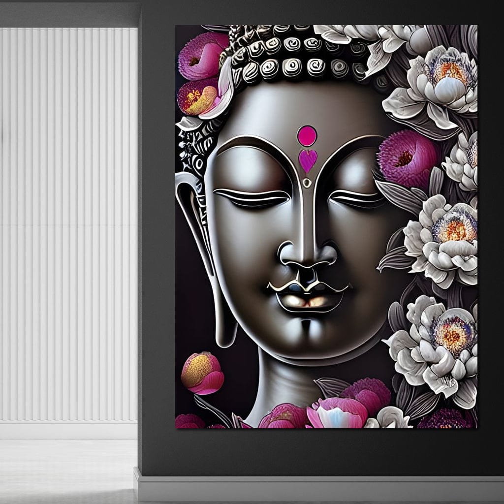 Buddha & Flowers Grey Canvas Wall Art