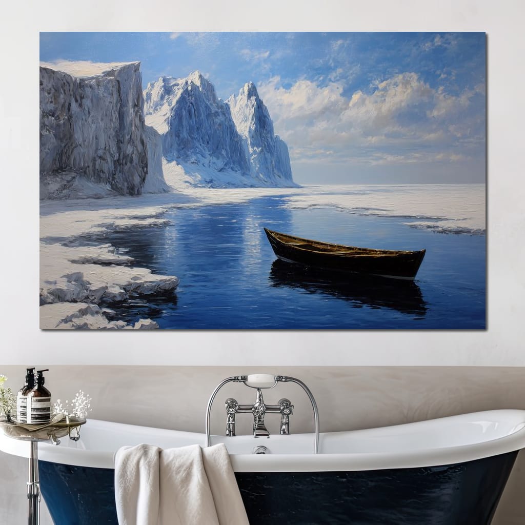 Silent Boat on Frozen Fjord Canvas Wall Art