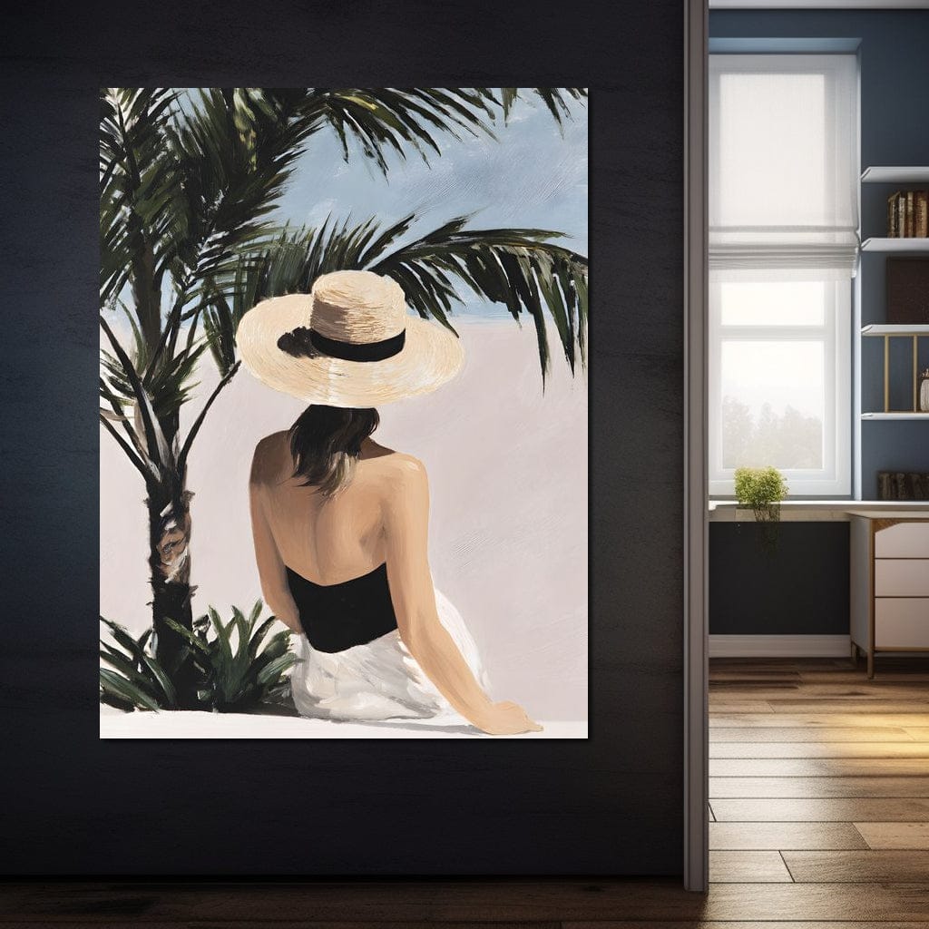 Coastal Palm Retreat Woman Hat Canvas Wall Art