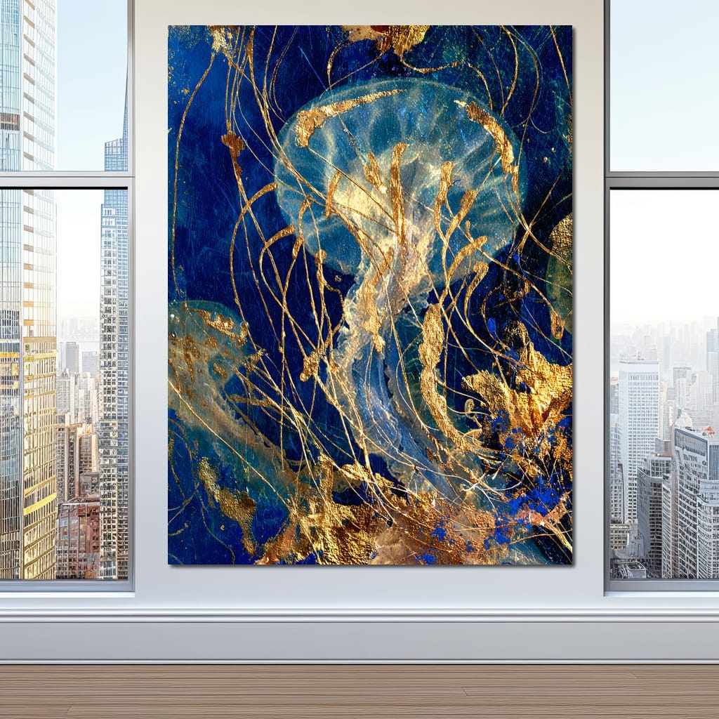 Golden Jellyfish Deep Blue Sea Canvas Wall Art