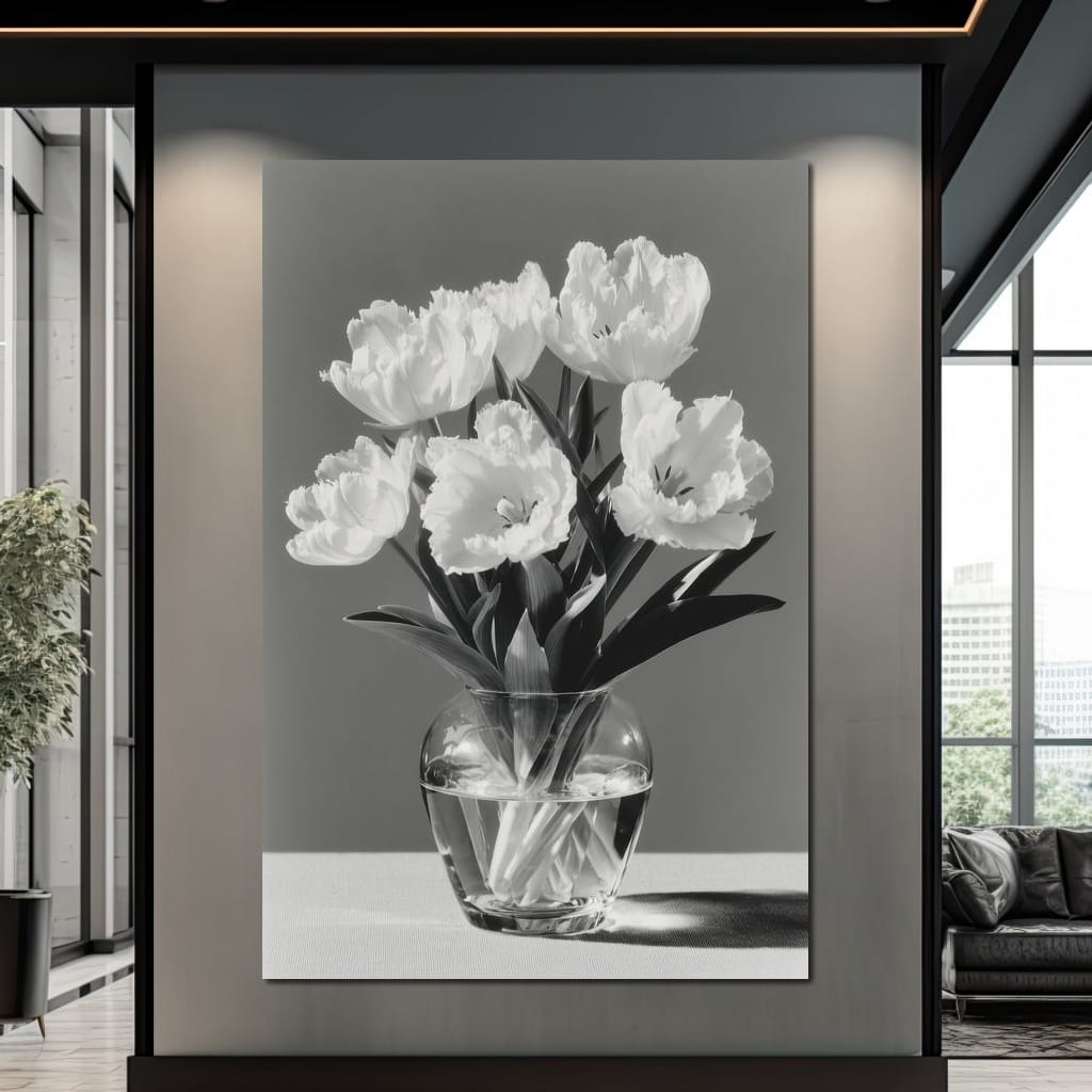 Monochrome Tulips Glass Vase Canvas Wall Art