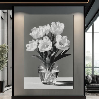 Monochrome Tulips Glass Vase Canvas Wall Art
