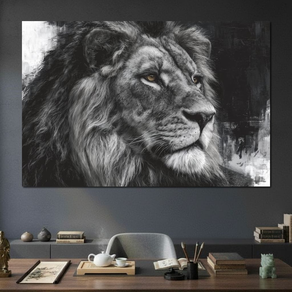Regal Lion Monochrome Portrait Canvas Wall Art