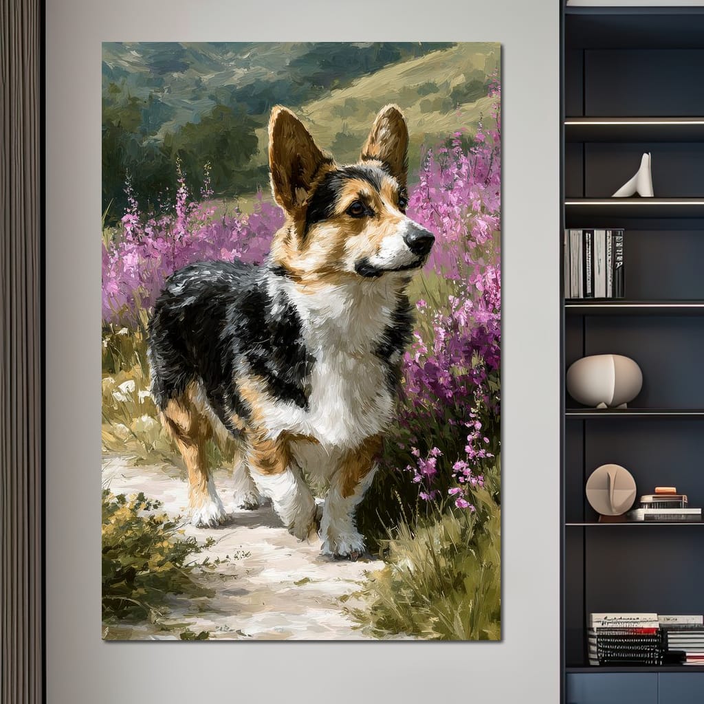 Corgi Along Heather Pathway Canvas Wall Art