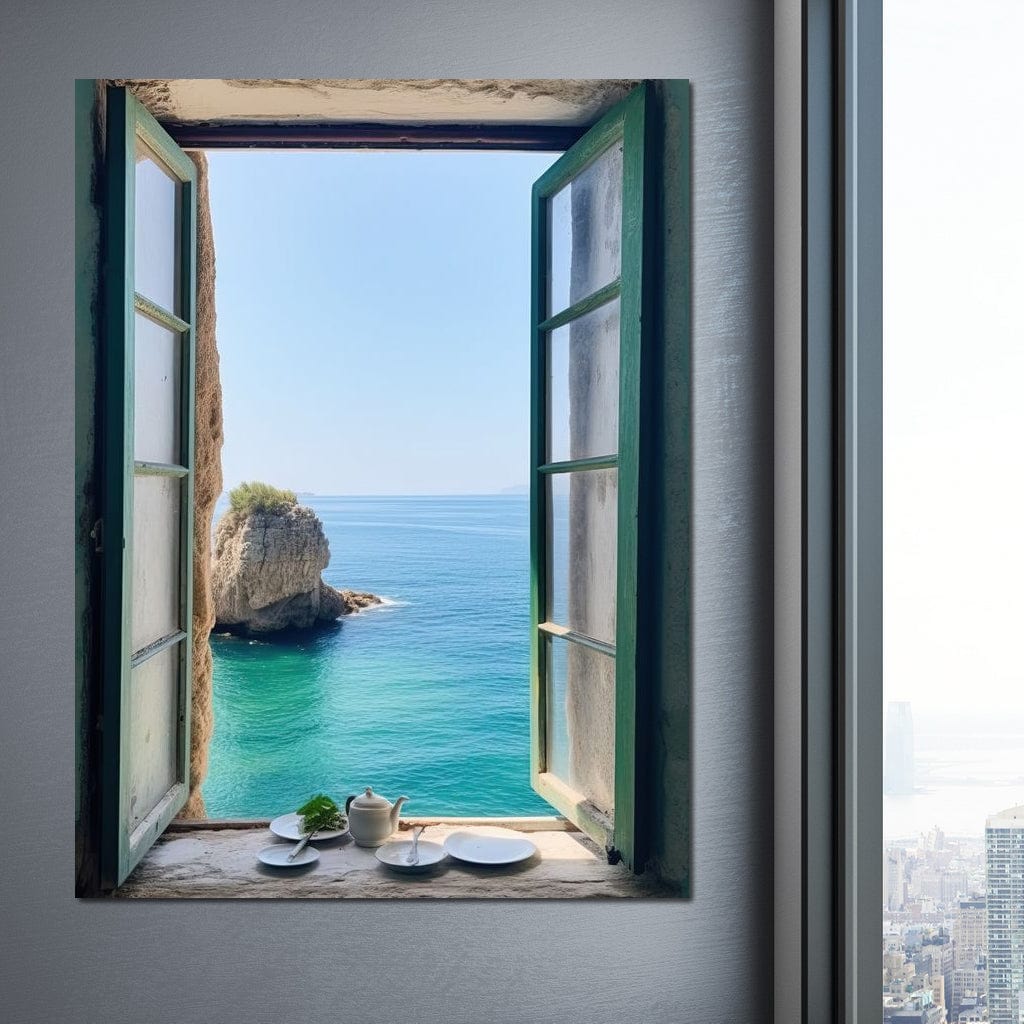 Oceanic Vista Through Wooden Pane Canvas Wall Art