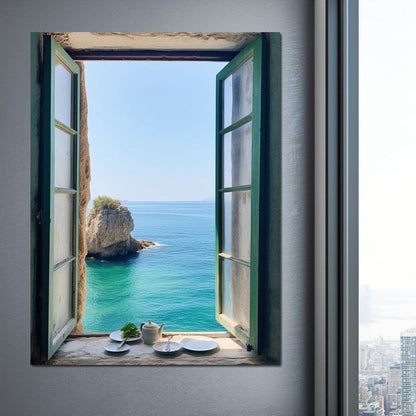 Oceanic Vista Through Wooden Pane Canvas Wall Art