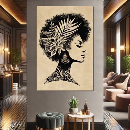 Botanical Afro Queen Silhouette Canvas Wall Art