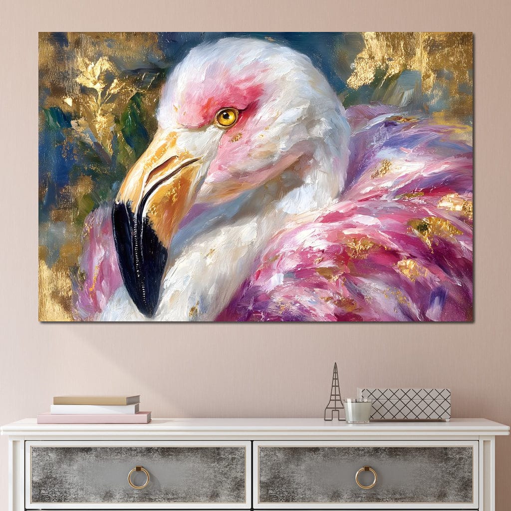 Golden Pink Flamingo Portrait Canvas Wall Art