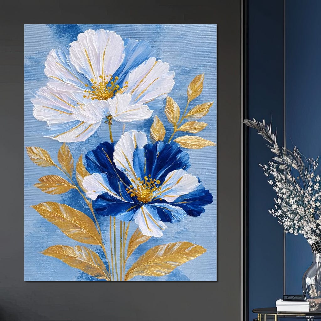 Blue White Peony Gold Leaf Canvas Wall Art