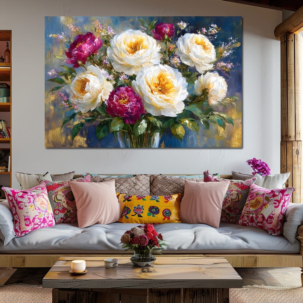 Golden Peonies on Blue Background Canvas Wall Art