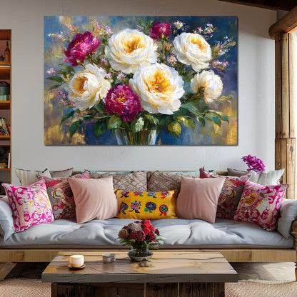 Golden Peonies on Blue Background Canvas Wall Art