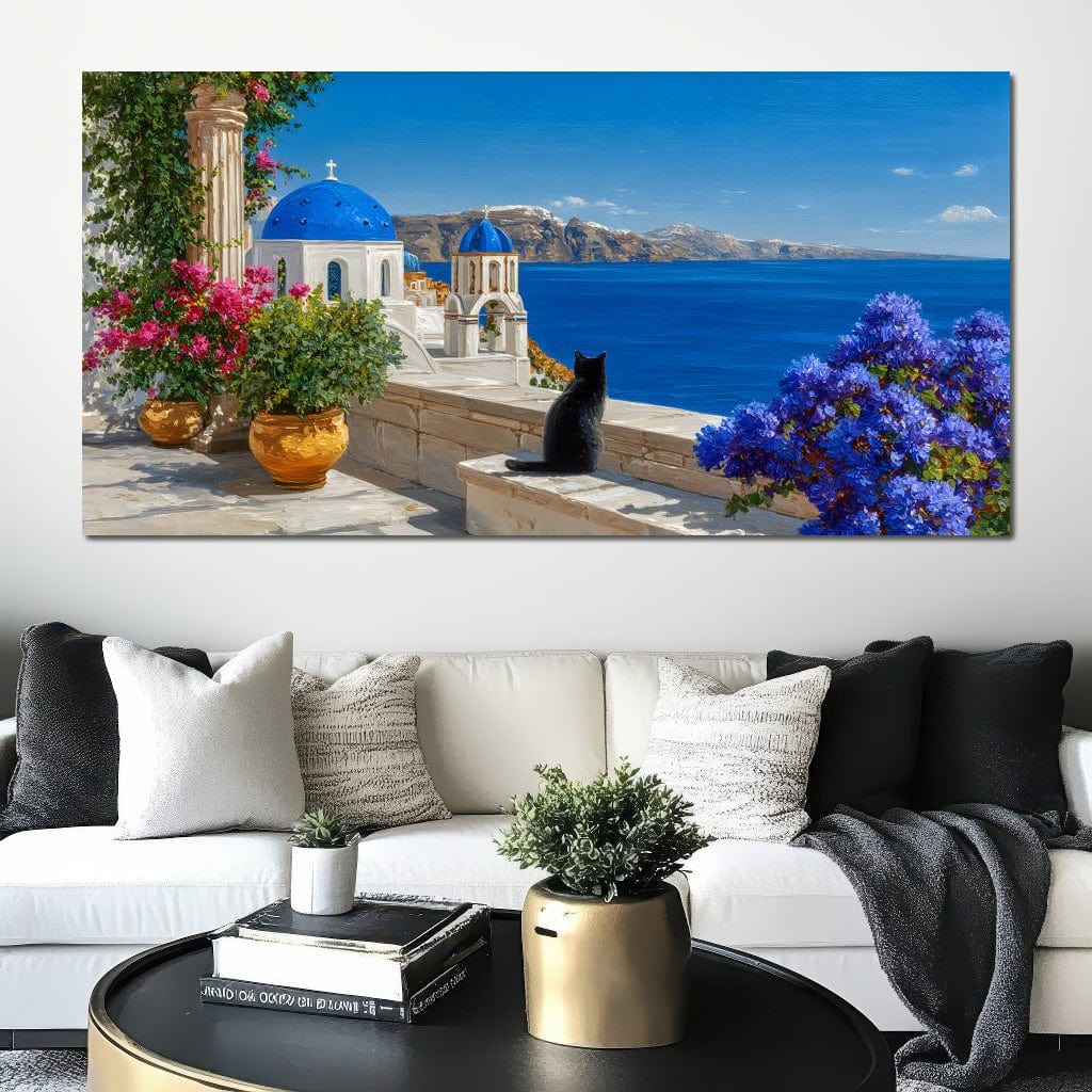 Santorini Blue Domes Cat Escape Canvas Wall Art