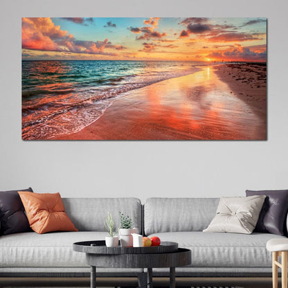 Sunset Over an Ocean Beach Shore Canvas Wall Art
