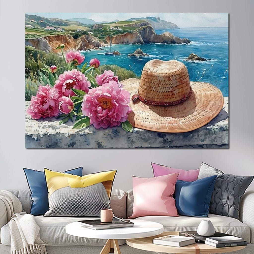 Seaside Blooms and Straw Hat Canvas Wall Art