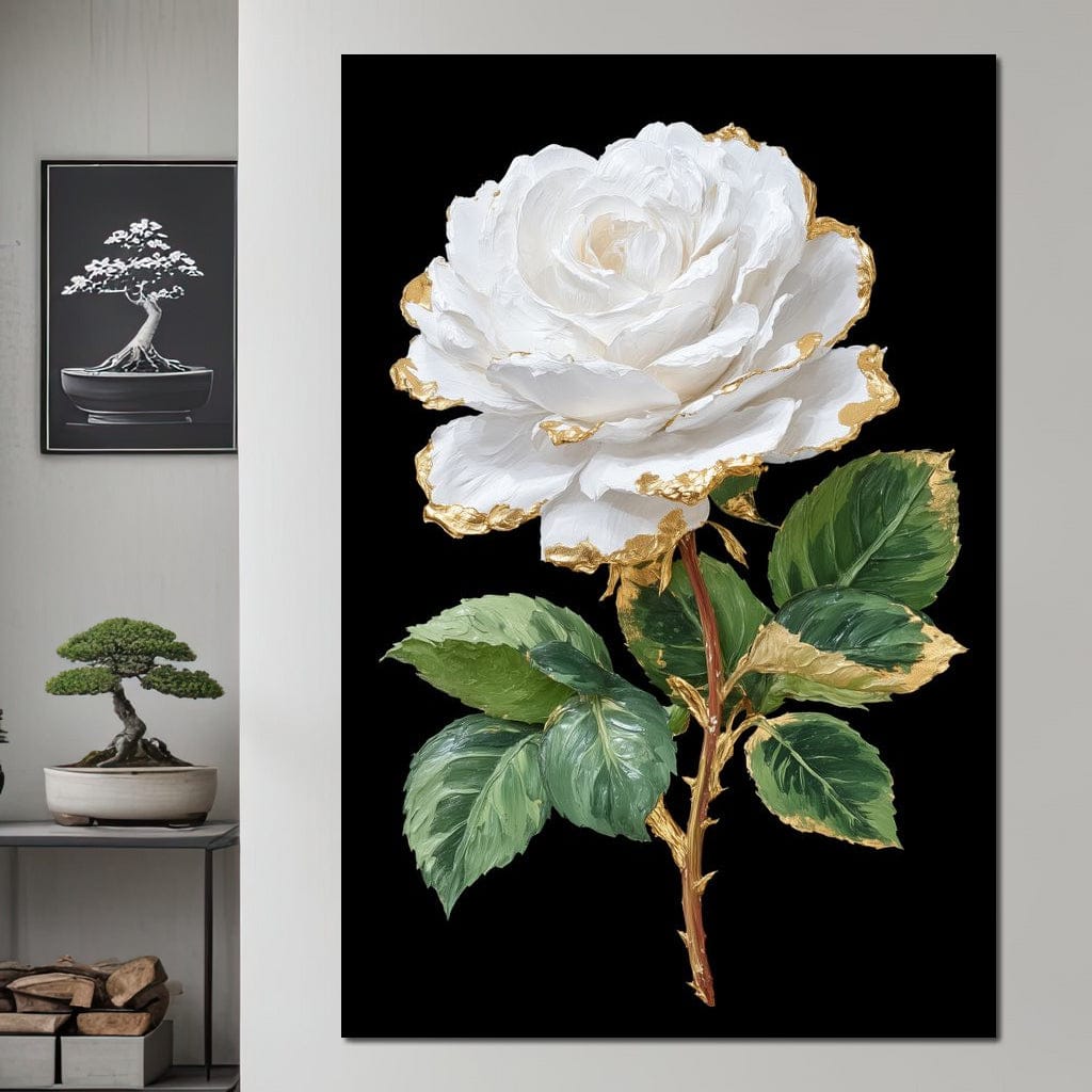 Gilded White Rose Portrait Canvas Wall Art