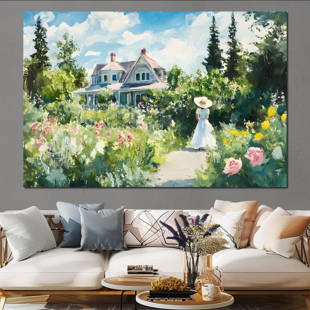 Sunlit Garden By Victorian House Canvas Wall Art