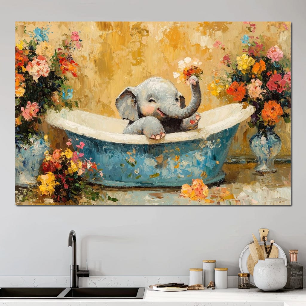 Elephant Joy in Floral Bath Canvas Wall Art