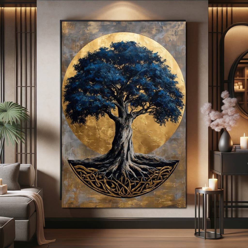 Golden Halo Blue Tree of Life Canvas Wall Art