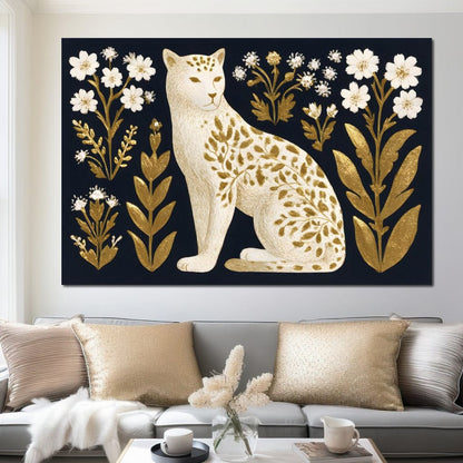 Golden Botanical Leopard Cat Canvas Wall Art