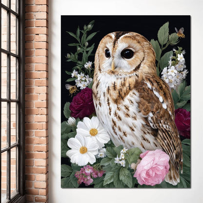 Barn Owl Floral Night Garden Canvas Wall Art