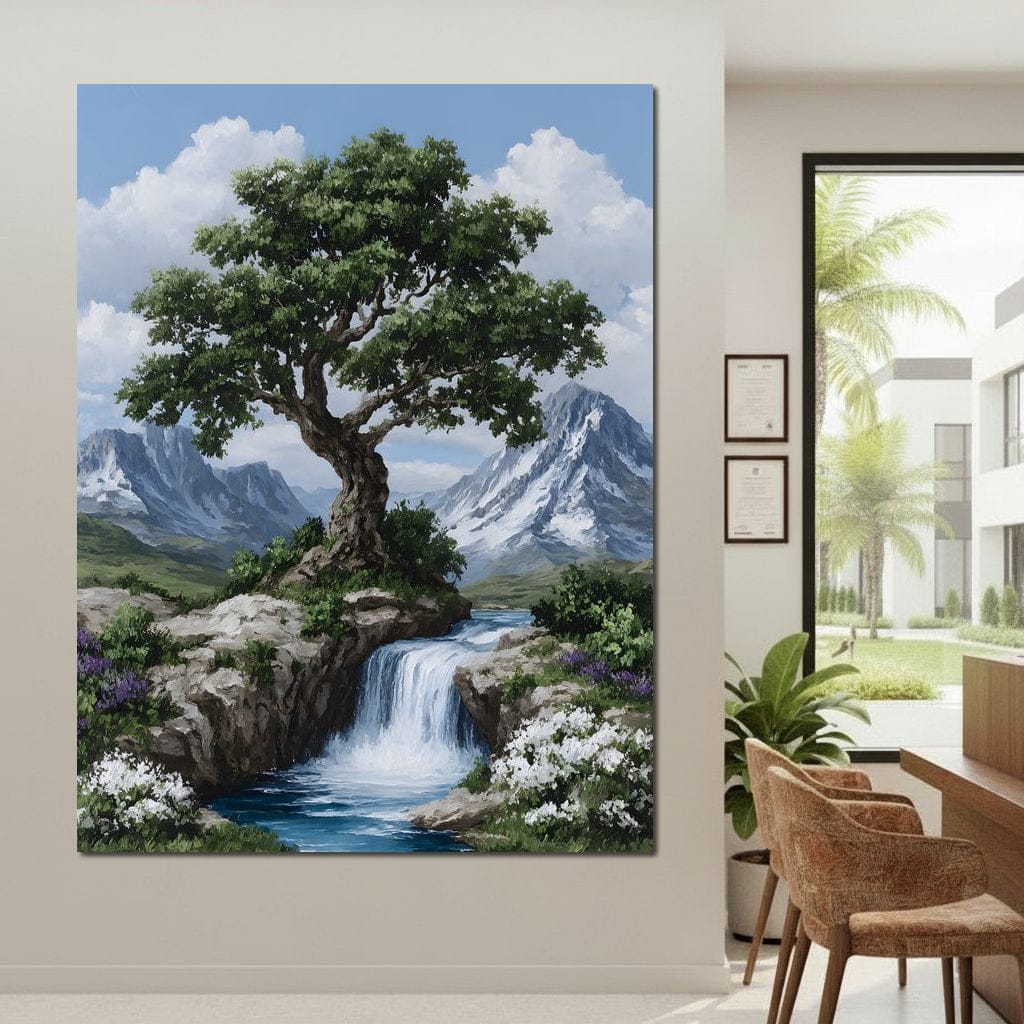 Majestic Tree Mountain Falls Canvas Wall Art